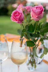 Pink Roses and White Wine in a Piedmontese Garden, Italy