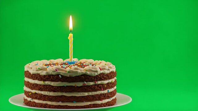 Festive birthday cake animation with lit candle against a vibrant green screen background, perfect