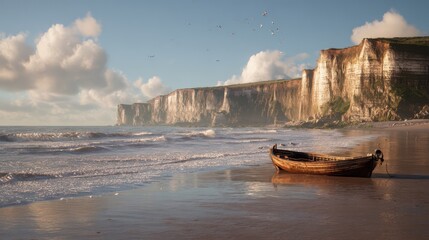 Wooden boat on beach facing cliffs