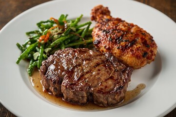 Grilled rib eye served with vegetables on a white dish