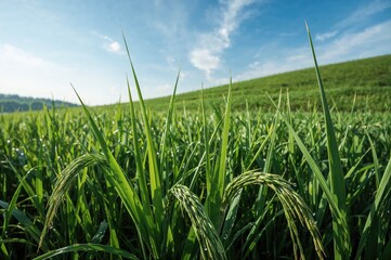 Obraz premium Farmers cultivate rice stalks and grain clusters as their yield.