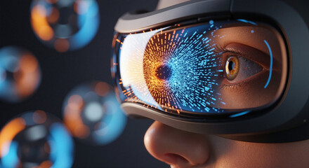 Eye in VR headset viewing futuristic digital interface