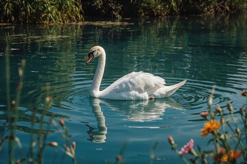 Mirror image of a graceful swan on the tranquil water