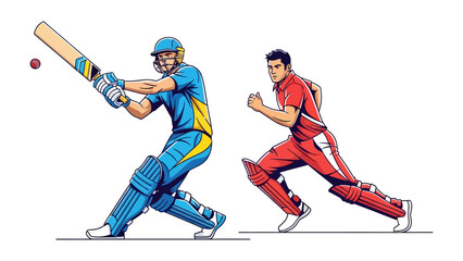 Obraz premium Dynamic Cricket Duel: A batsman in vibrant blue and yellow gears up for the shot as a bowler in red gears up for the delivery. capturing the excitement of cricket