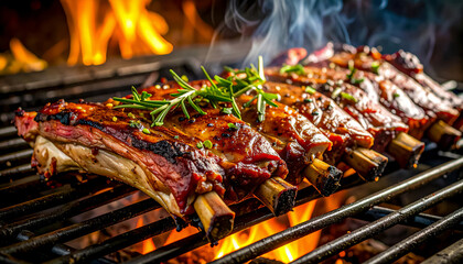 A close-up of a juicy lamb rib on the grill