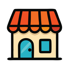 Building with orange awning and blue door. Perfect for showcasing quaint cafes, boutique shops, or city street scenes.