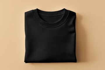 Folded black crewneck sweatshirt mockup on a neutral beige background, top view.