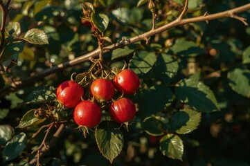 Obraz premium Mature rose hips glowing at dusk