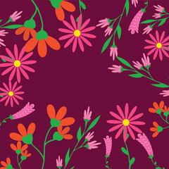 Mother's day Birthday International women day Square greeting card banner Floral multicolored design Elegant quote for poster Silhouettes of flowers on purple background Copy space for text