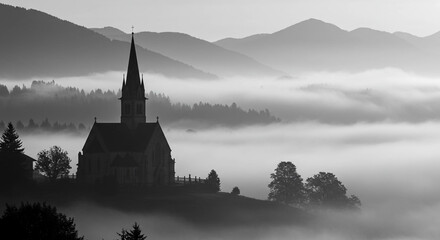 Fototapeta premium Serene church steeple emerges from misty mountain valley at dawn, evoking peace and spiritual calm.