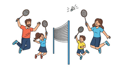 Joyful Family Badminton Game: A lively family is shown playing badminton, full of energy and excitement with the shuttlecock soaring above the net.