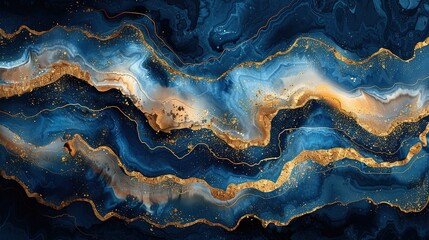 Fototapeta premium Abstract Blue Gold Marble Luxurious Background, Liquid Art Golden Glitter Water Texture High-Quality Wallpaper Design Material 