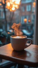 Cup of coffee on a table with a view of a city drink background vertical background