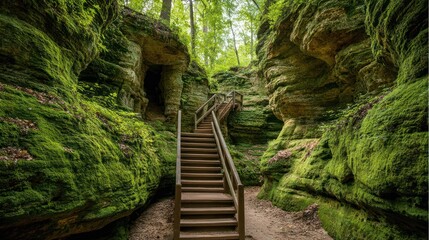 Wooden stairs through mossy rock formations