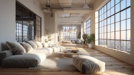Fototapeta premium Scandinavian style open-plan loft, neutral color palette, oak flooring, large windows with natural light, minimalist cozy furniture 