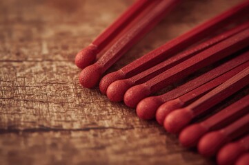 Close-up of vintage red matchsticks with retro filter and wooden textures