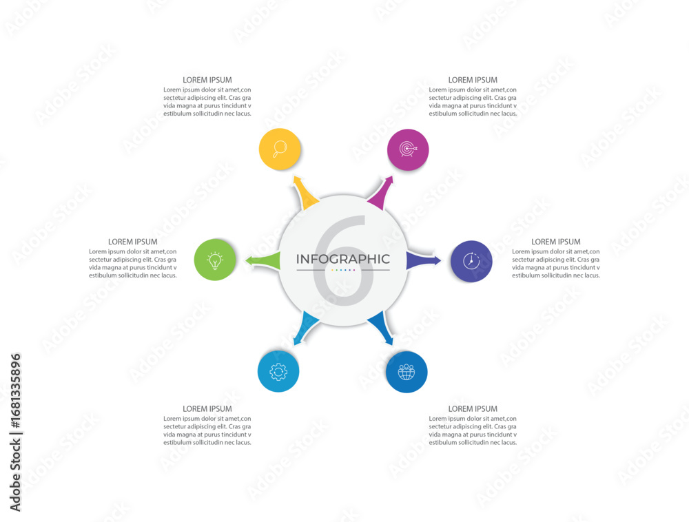 Poster infographic template for business. 6 steps modern mindmap diagram with circle topic, presentation ve