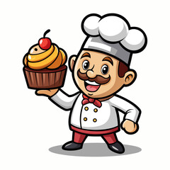 Playful Bakery Chef Mascot Holding Cupcake, Cute Pastry Cartoon Character, Sweet Dessert Illustration, Friendly Culinary Vector Design