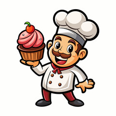 Playful Bakery Chef Mascot Holding Cupcake, Cute Pastry Cartoon Character, Sweet Dessert Illustration, Friendly Culinary Vector Design