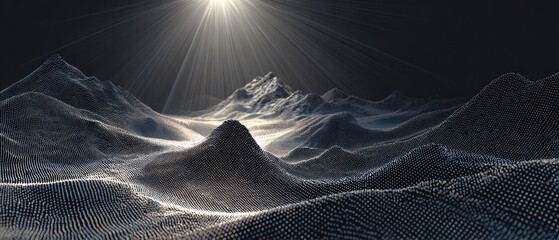 Digital mountain range bathed in ethereal light