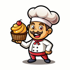 Playful Bakery Chef Mascot Holding Cupcake, Cute Pastry Cartoon Character, Sweet Dessert Illustration, Friendly Culinary Vector Design