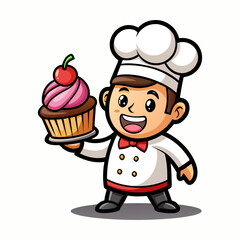 Playful Bakery Chef Mascot Holding Cupcake, Cute Pastry Cartoon Character, Sweet Dessert Illustration, Friendly Culinary Vector Design