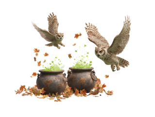 Owls fly over bubbling cauldrons with autumn leaves isolated on a transparent background