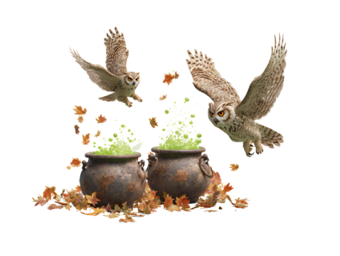 Owls fly over bubbling cauldrons with autumn leaves isolated on a transparent background - Powered by Adobe