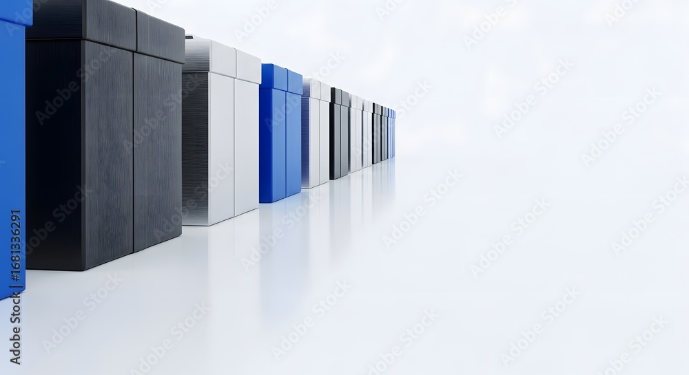 Poster a row of colorful boxes stretches into the distance, their smooth surfaces reflecting light on a pri