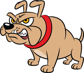 Bulldog, cartoon, vector, angry, aggressive, muscular, dog, mascot, illustration, fierce, animal, red collar, snarl, teeth, pet, character, tough, intimidating, barking, guard