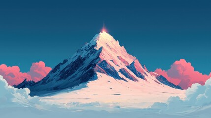 A stunning snow-capped mountain peak under a vibrant sunset sky.