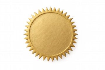 Golden sunburst seal offering design space, showcasing clean transparent background with metallic golden emblem