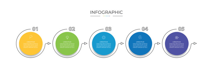 Infographic labels with icons and 5 options or steps. Suitable for process diagrams, presentations, workflow layouts, banners, flowcharts, and infographics.