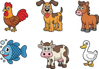 Cartoon animals, farm creatures, cute characters, rooster, dog, horse, fish, cow, duck, vector illustration, children’s art, colorful design