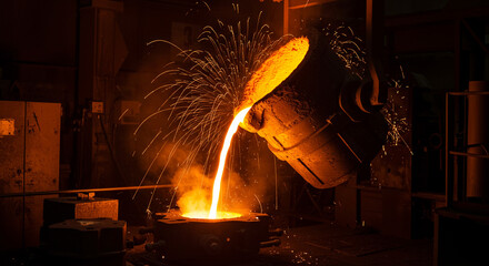 Molten metal pouring from industrial ladle sparks glowing into mold creating fiery spectacle