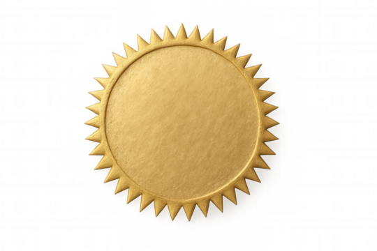 Golden sunburst seal offering design space, showcasing clean transparent background with metallic golden emblem