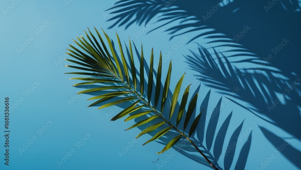 Poster blue background with shadowed tropical palm leaves, creating a minimal and summery natural aesthetic