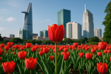 Colorful Tulip Display in a Bustling Asian City