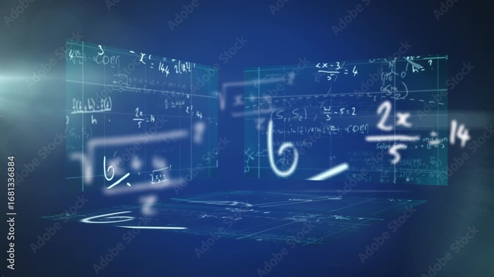 Poster animation of math formulas and graphs in blue digital space
