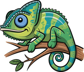 Cartoon chameleon vector illustration, colorful reptile on branch, kids animal drawing, jungle wildlife character, nature design, children content