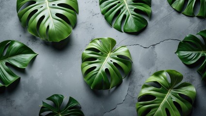 Vibrant green monstera leaves set against a gray concrete tabletop, ideal for cosmetic product presentation with focused detail and empty space