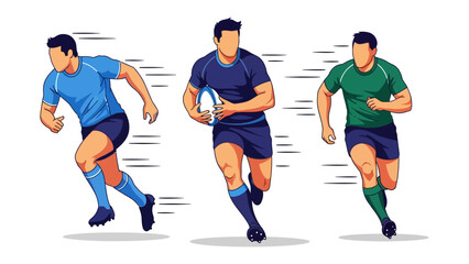 Rugby Players in Action: Dynamic illustration of three rugby players engaged in a spirited game, showcasing speed, agility, and teamwork, embodying the essence of athletic prowess and competition.
