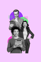 Image banner vertical art collage of happy business partners development teamwork cooperation...