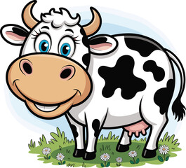 Cartoon cow, dairy animal, smiling farm character, black spots, blue eyes, green grass, white flowers, vector art, children’s illustration, cute design
