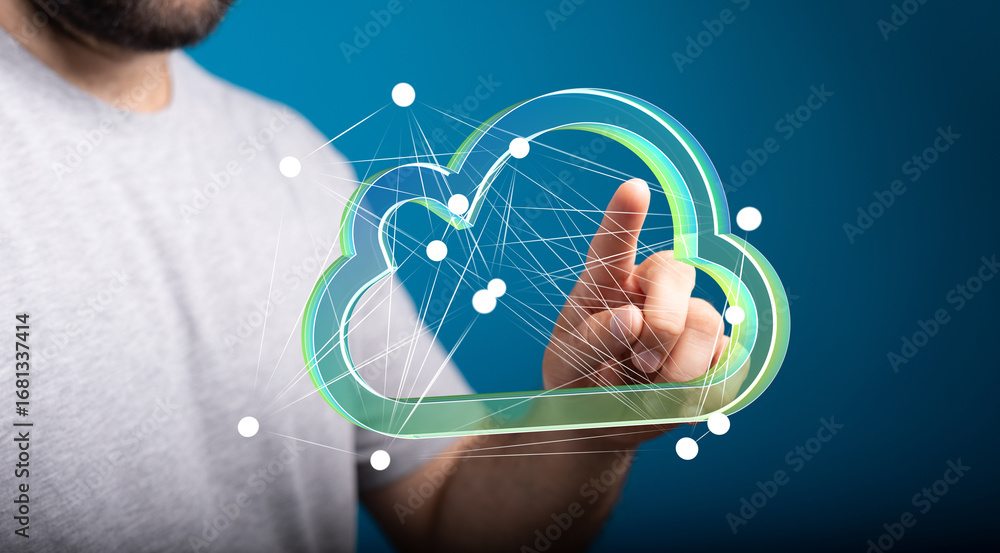 Aufkleber image of a person interacting with a digital cloud network visualization, representing cloud computi