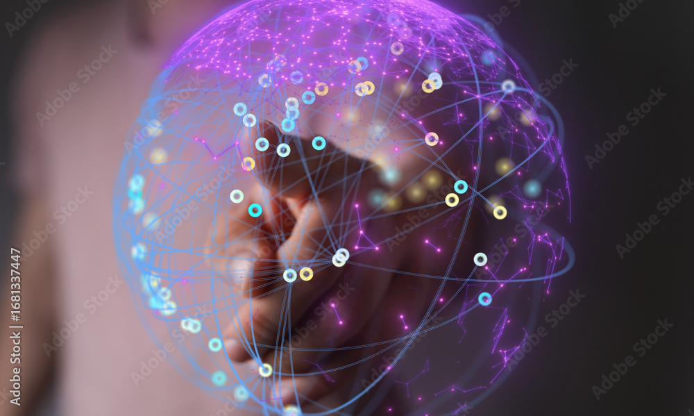 Poster abstract image of a hand interacting with a glowing digital network sphere. represents connection, t
