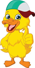 Cartoon duck character, thumbs up pose, cheerful expression, colorful cap, vector illustration, children’s design, friendly animal, yellow bird, playful mascot