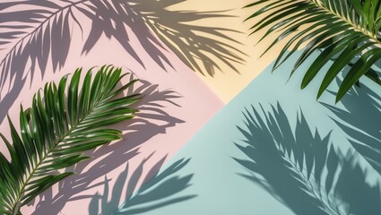 Shadowed tropical palm fronds on a soft pastel background with room for writing