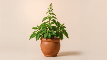 Fototapeta premium Potted green Tulsi herb