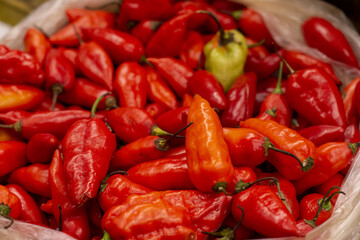 Fresh red chili peppers at vegetable market